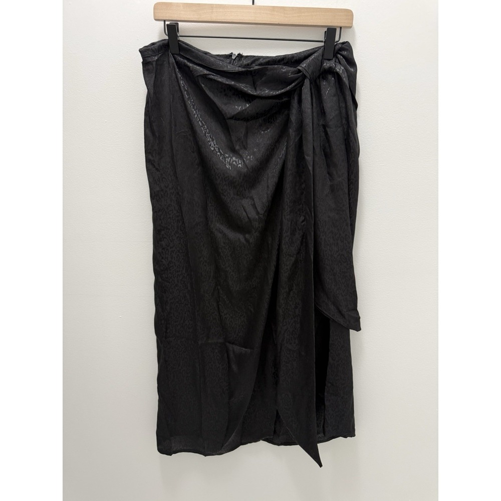 VENUS Women's Size 12 Black Leopard Jacquard Faux Wrap Midi‎ Skirt Side Tie